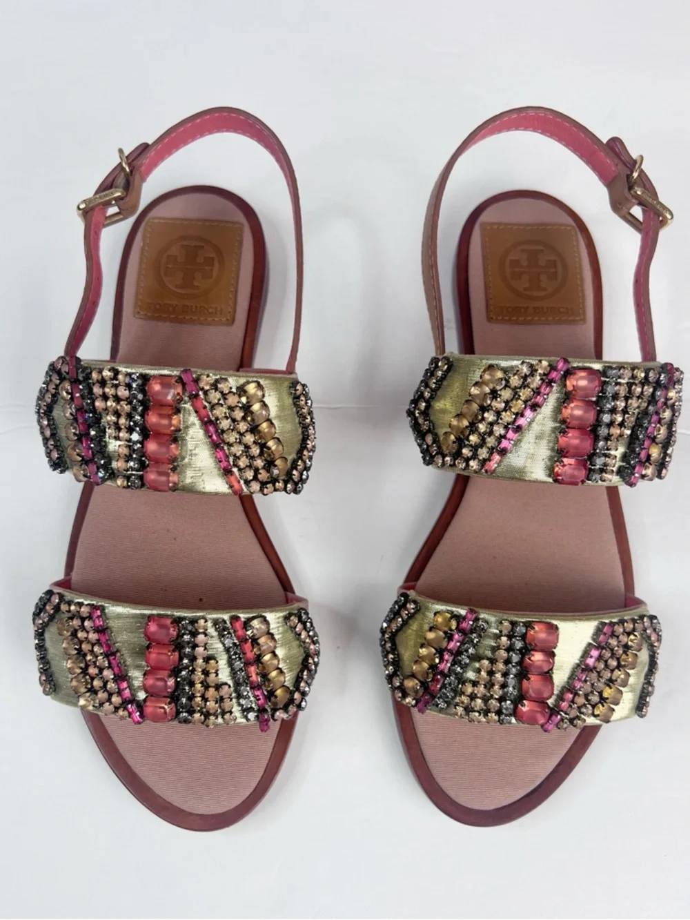 NIB Tory Burch Tanner Jeweled Embellished Metallic Strap Sandals in Pink/Tan